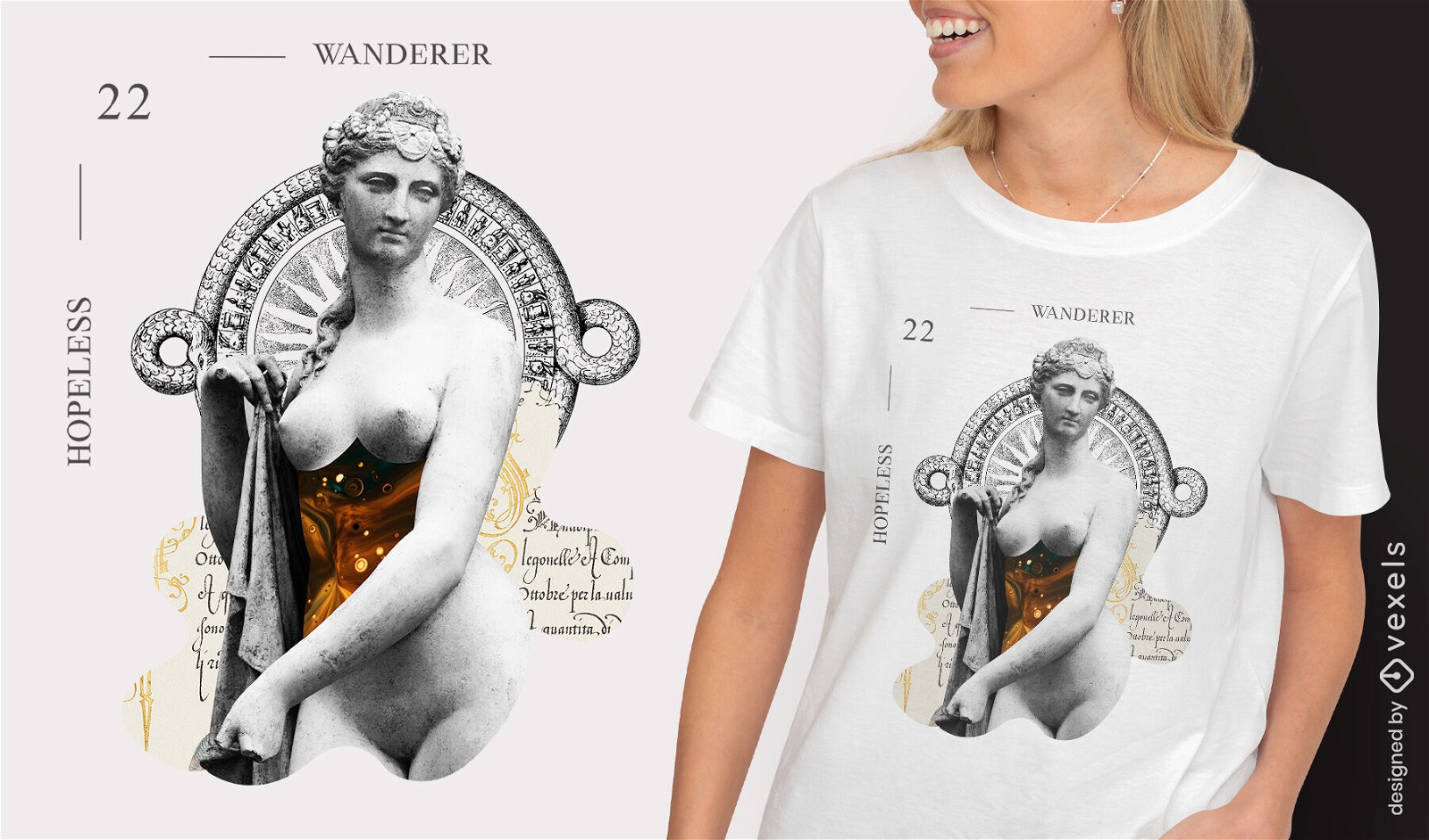 Space statue collage psd t-shirt design