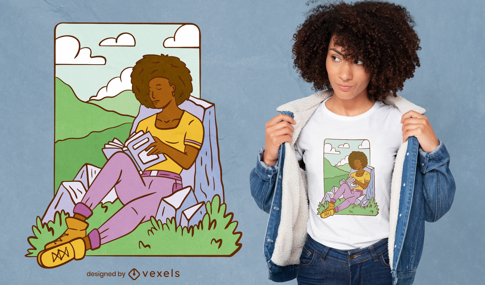 Menina lendo o design de uma camiseta de um livro