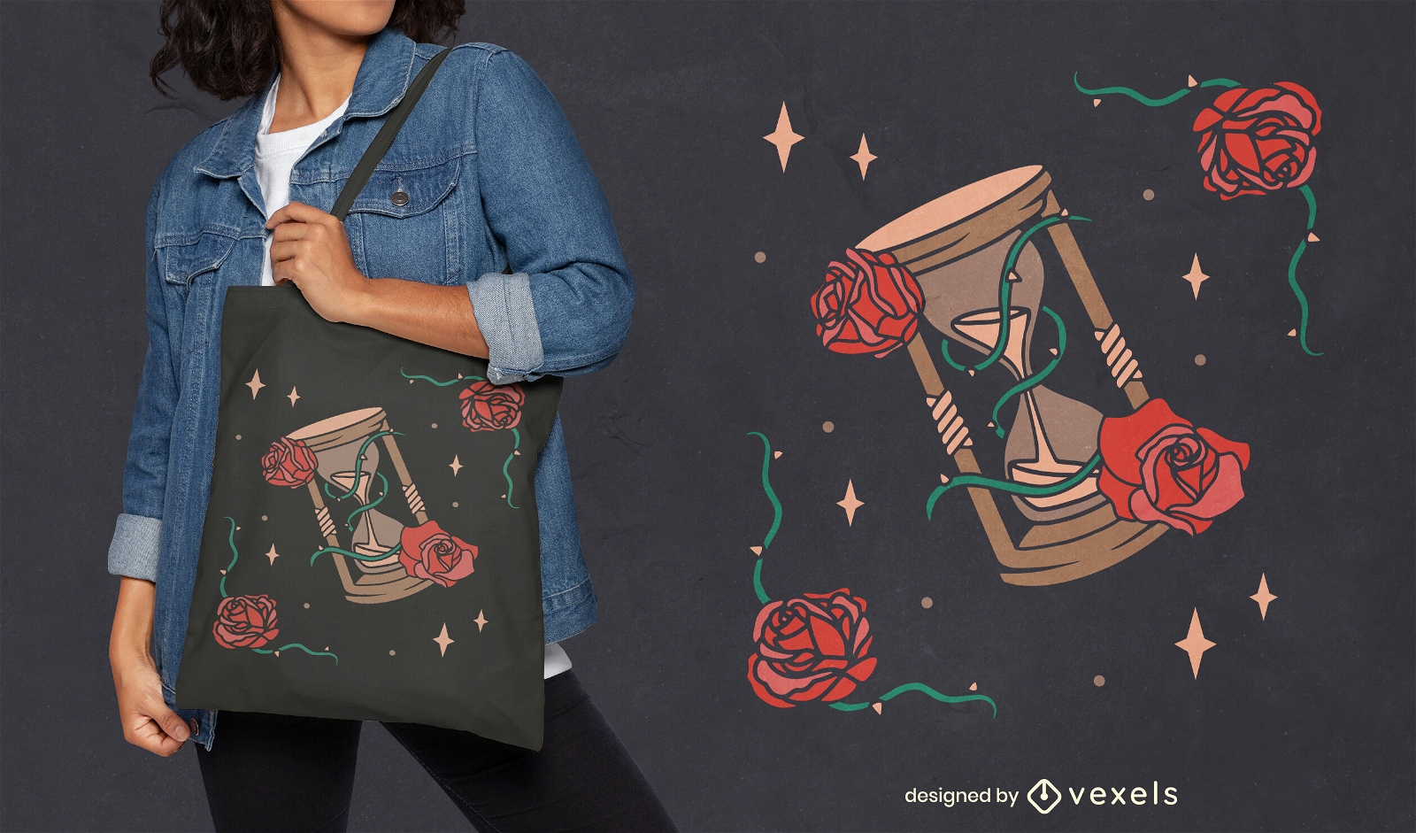 Hourglass and roses tote bag design