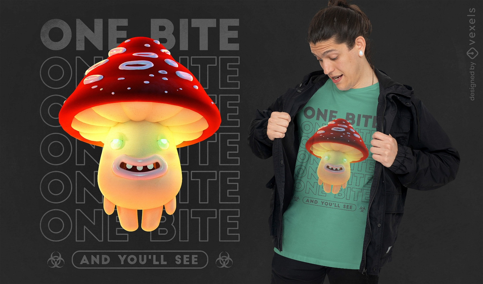 Design de t-shirt psd de personagem 3D em forma de cogumelo flutuante