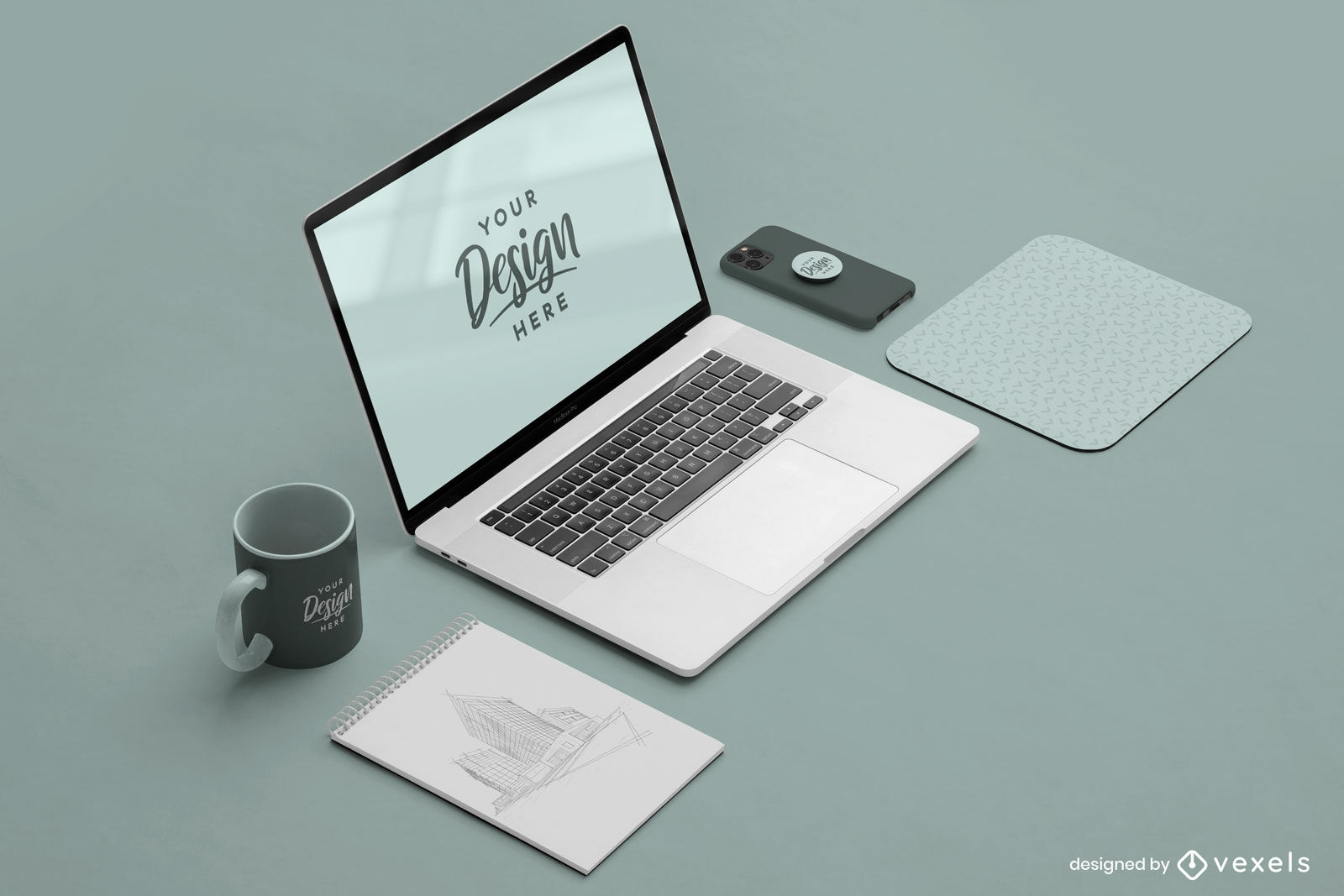 Computer laptop and stationary objects mockup