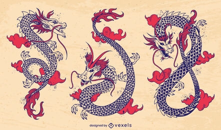 Conjunto detallado de ilustración de dragón