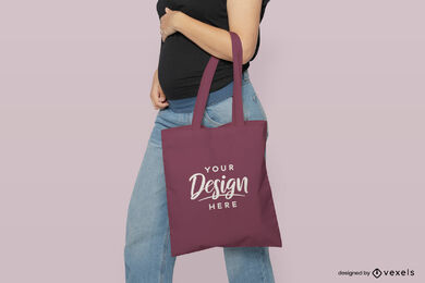 Pregnant model in jeans tote bag mockup