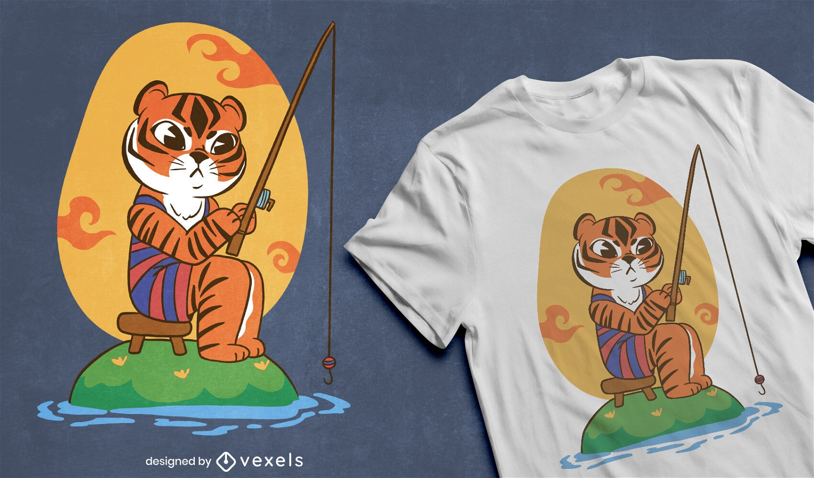Cartoon tiger fishing t-shirt design