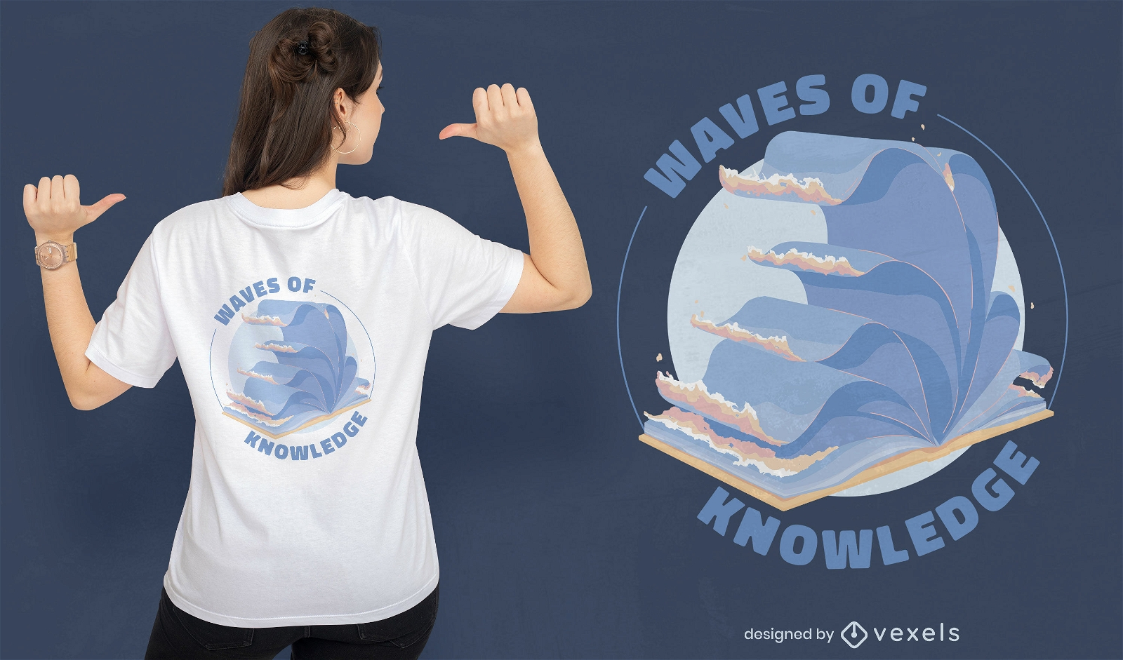 Design de t-shirt com páginas de ondas do mar de livro aberto