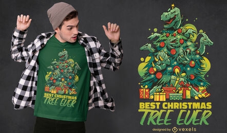 Diseño de camiseta de árbol de navidad de dinosaurios.