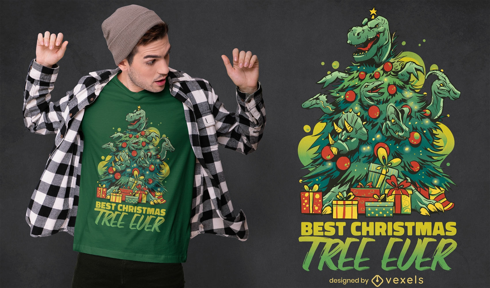Design de camisetas da árvore de natal dos dinossauros