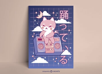 Cute fox with music player poster design