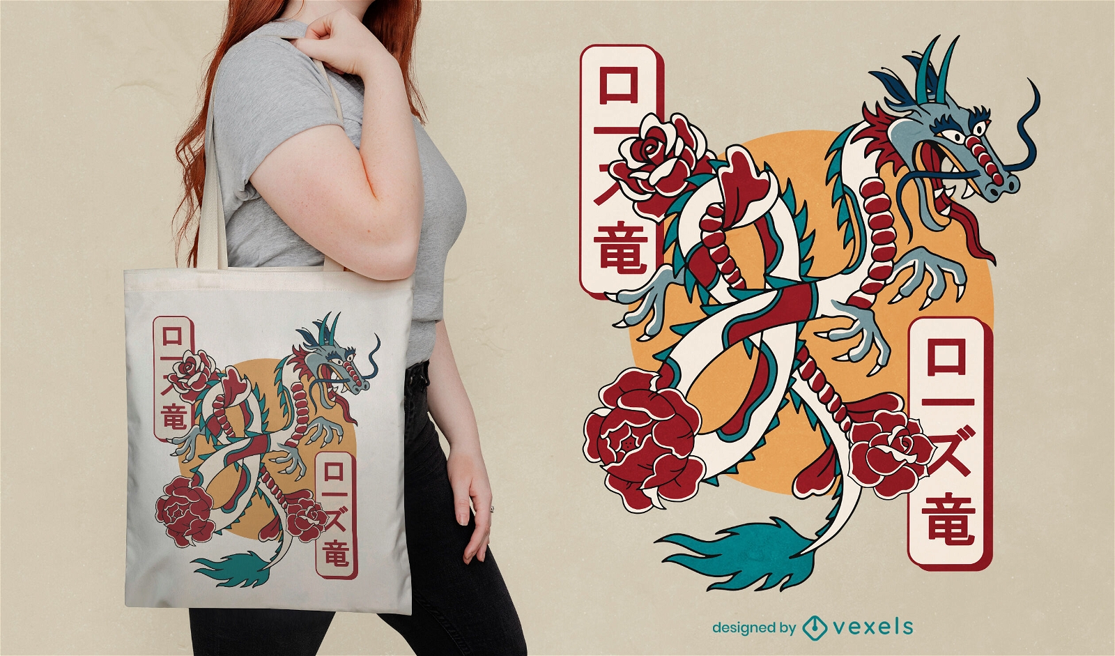 Dragon with roses tote bag design
