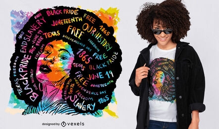 Chica negra con diseño de camiseta afro acuarela