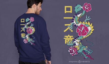 Dragão colorido com design de t-shirt de rosas