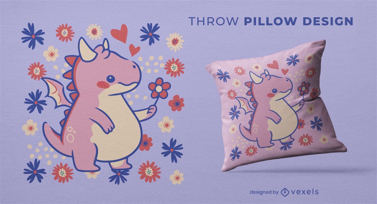 Design de travesseiro decorativo de dragão fofo com flores