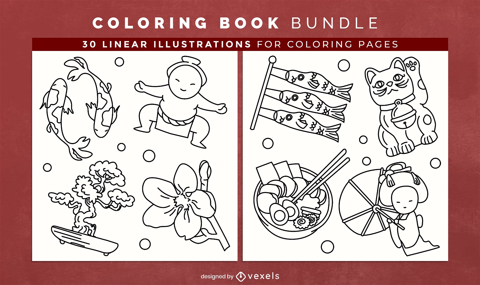 Elementos de Japón para colorear páginas de diseño de libros