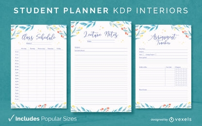 Plantilla de diseño de diario de estudiante con hojas de acuarela KDP