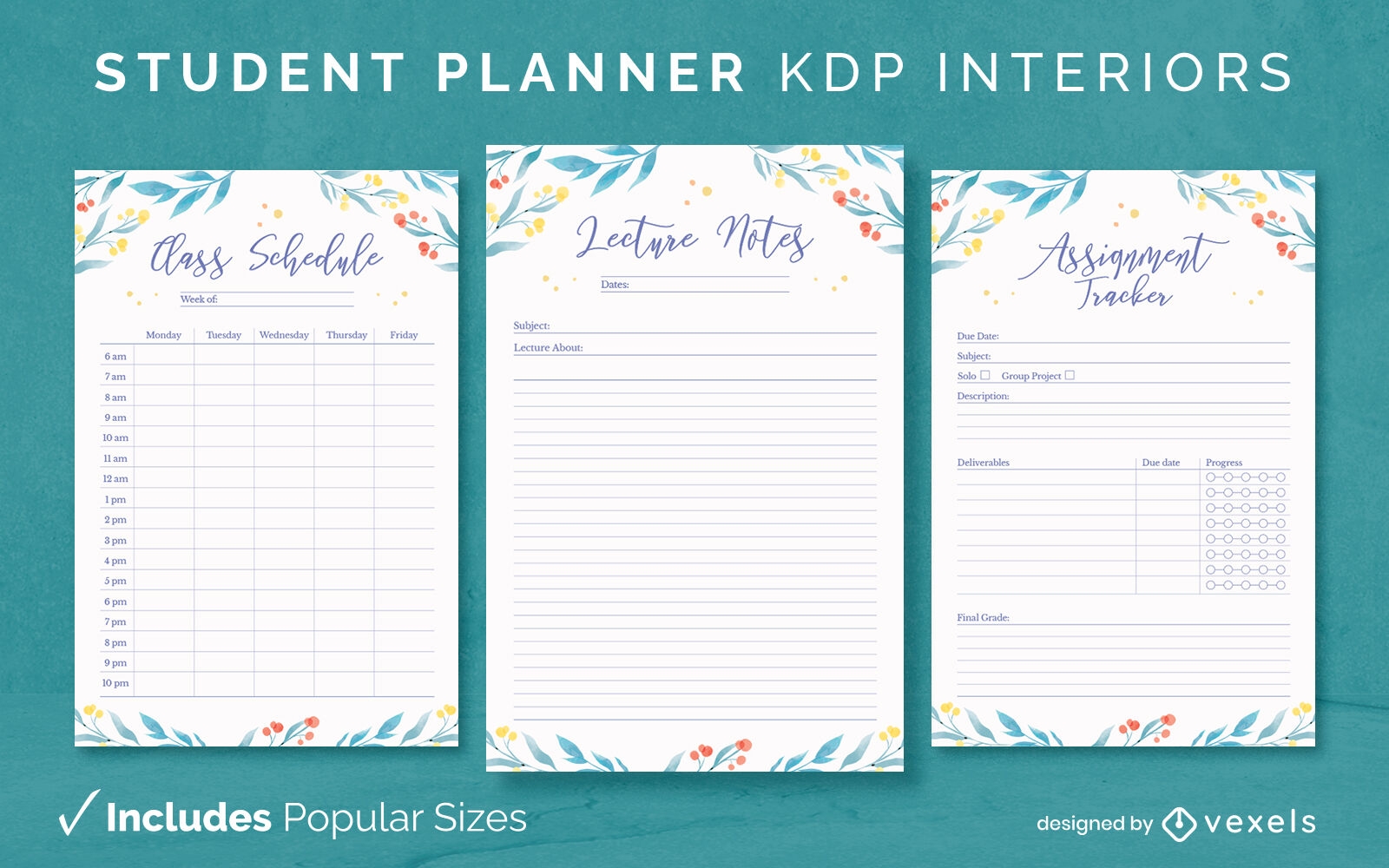 Watercolor leaves student diary design template KDP