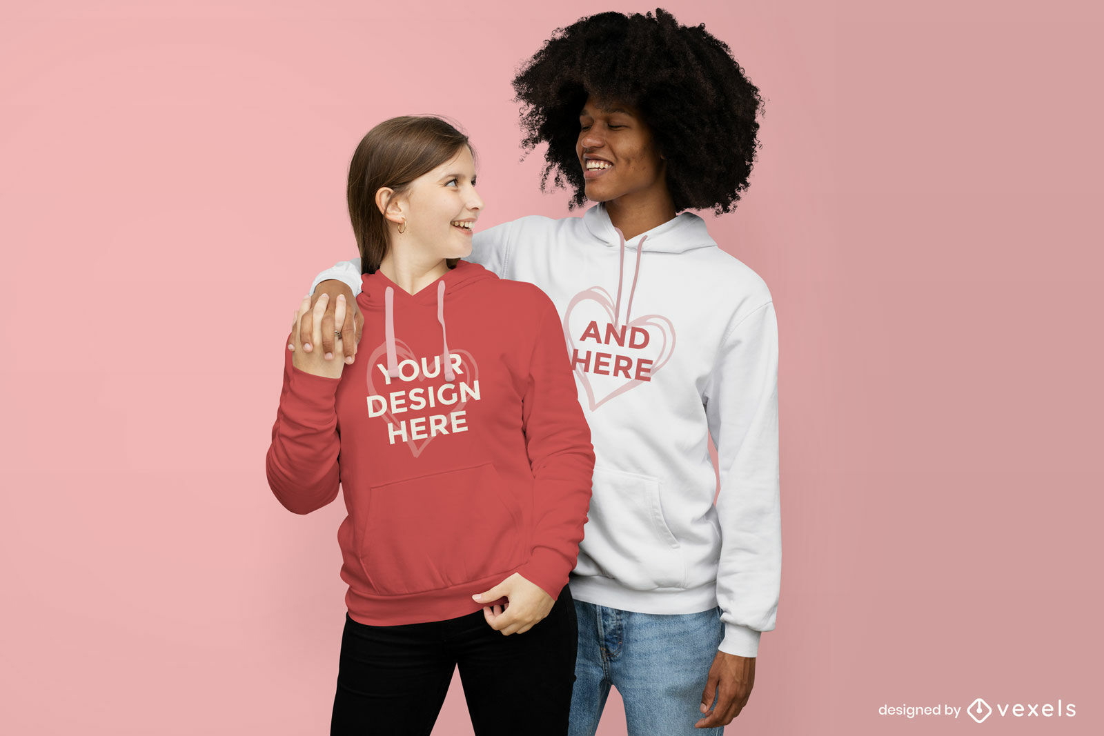 Man and woman couple hugging hoodie mockup