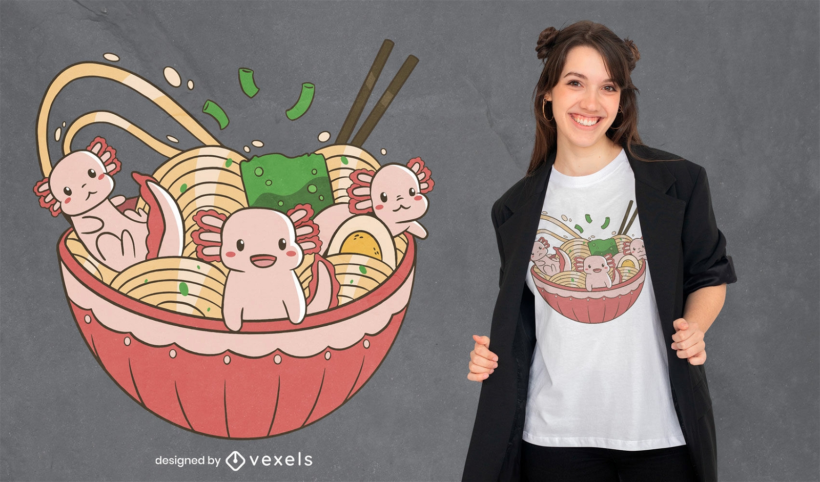Axolotl em design de t-shirt alimentar ramen