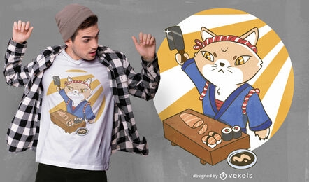 Sushi master cat cartoon t-shirt design