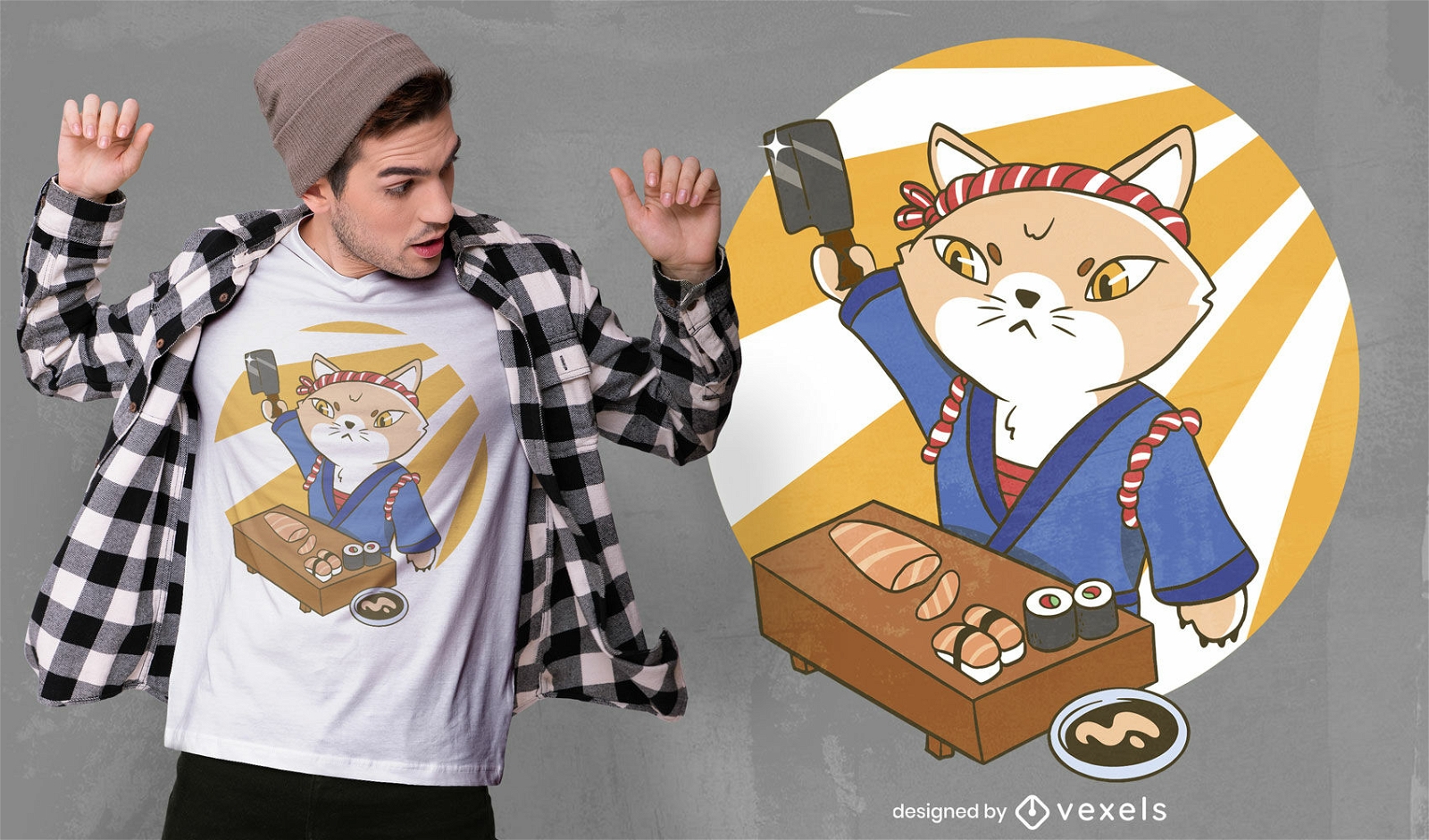 Diseño de camiseta de dibujos animados de sushi master cat.