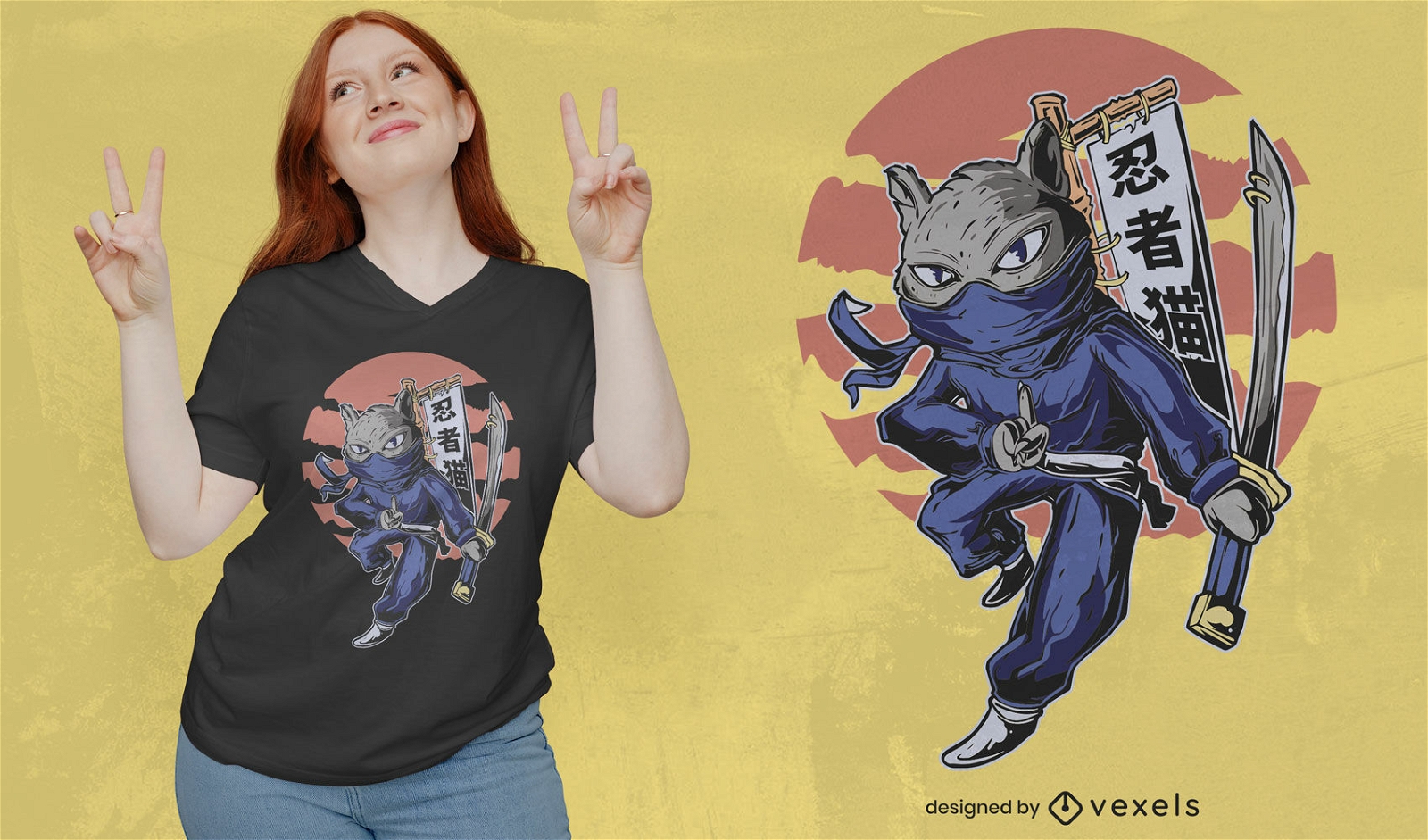 Design de camiseta com espada de gato ninja
