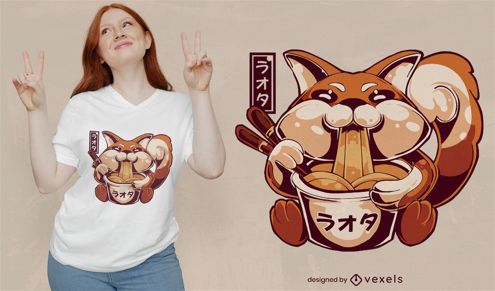 Diseño de camiseta de zorro comiendo ramen.