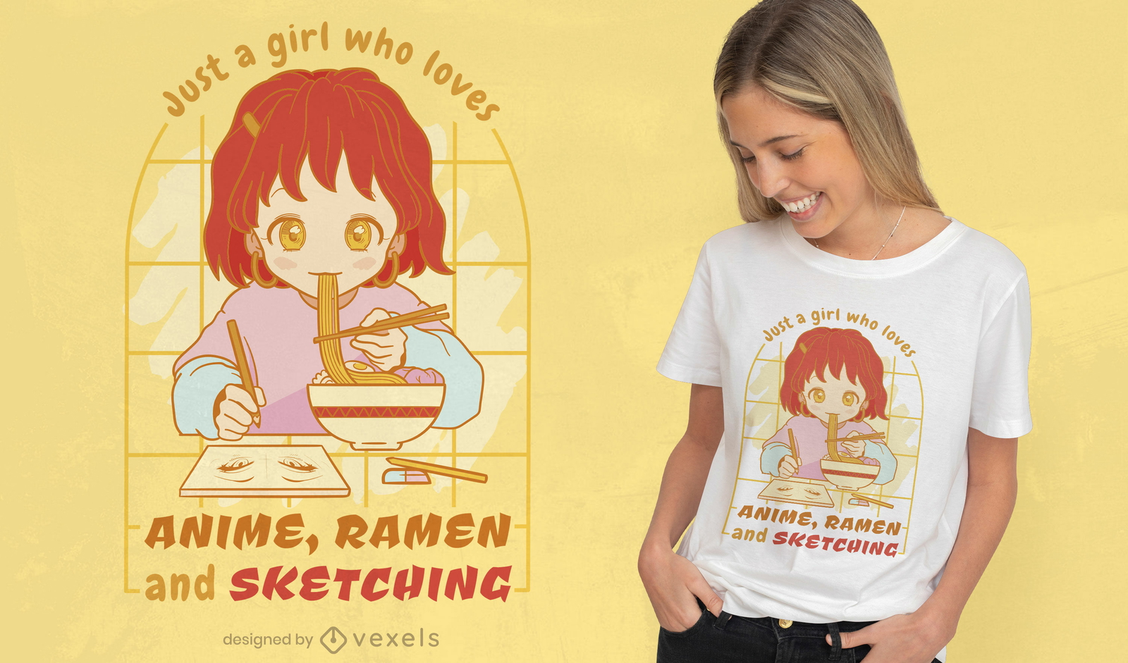 Anime-Mädchen, das T-Shirt-Design zeichnet und isst