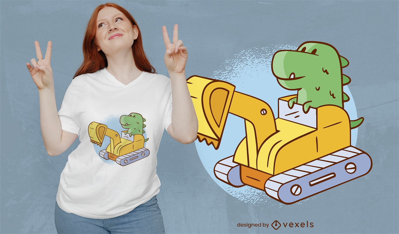 Dinosaurio en diseño de camiseta de excavadora.