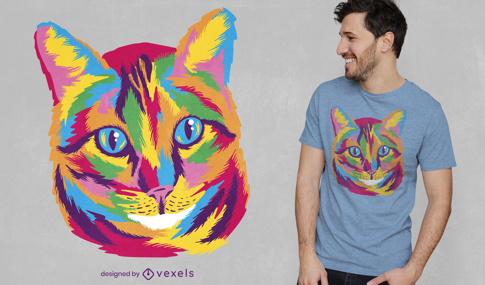 Diseño de camiseta de cara de animal de gato colorido