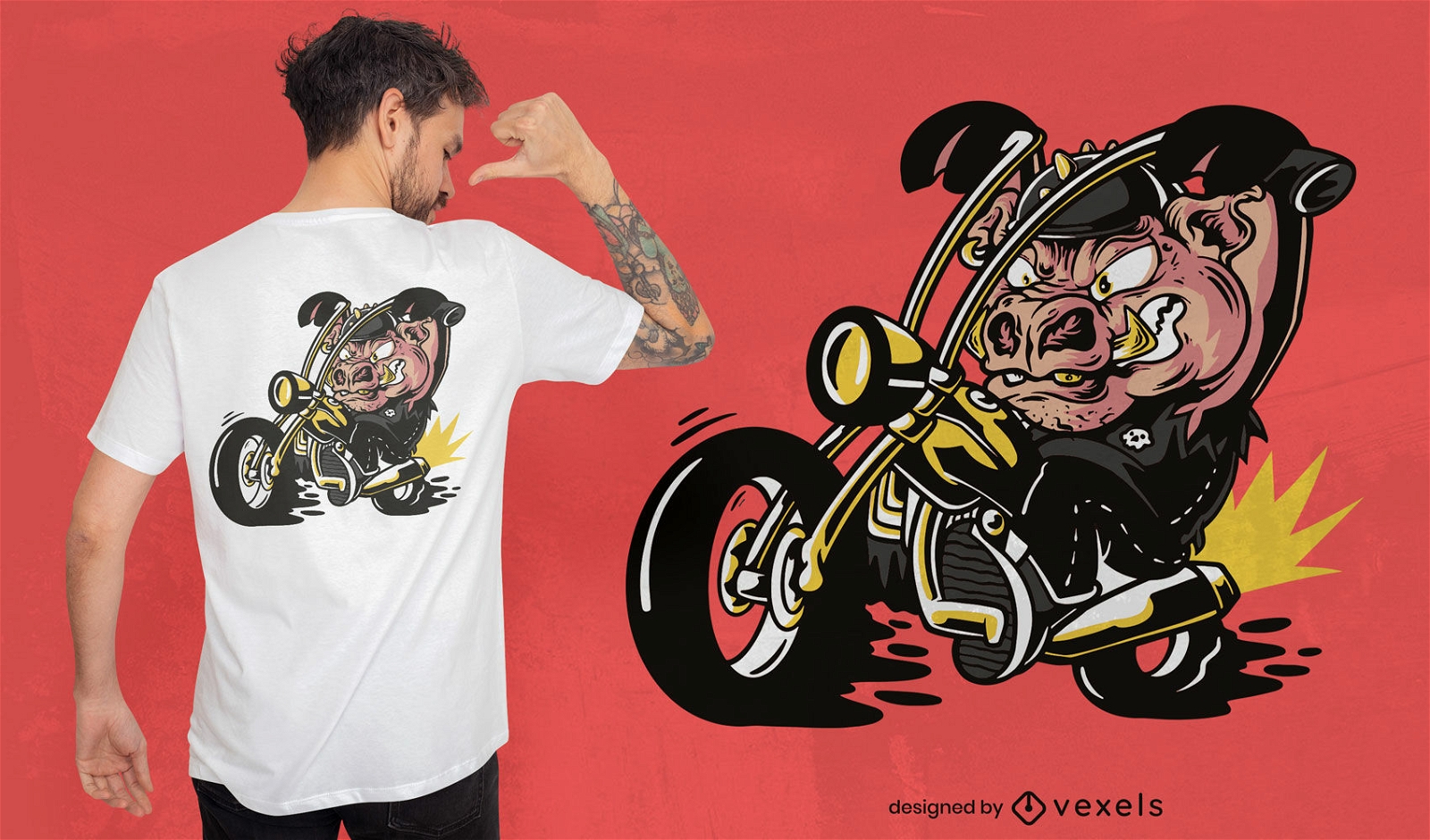 Animal cerdo en un diseño de camiseta de motocicleta.