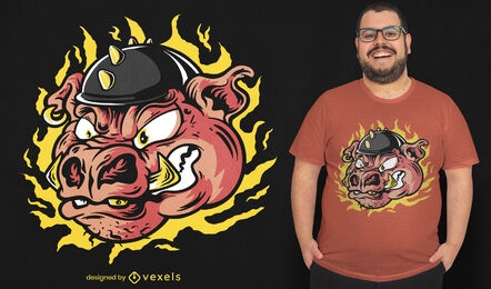 Design de camiseta de cabeça de porco e chamas