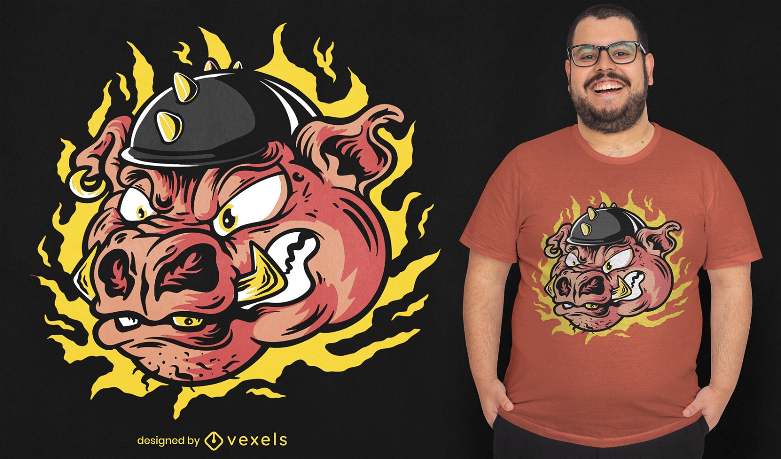 T-Shirt-Design mit Schweinekopf und Flammen