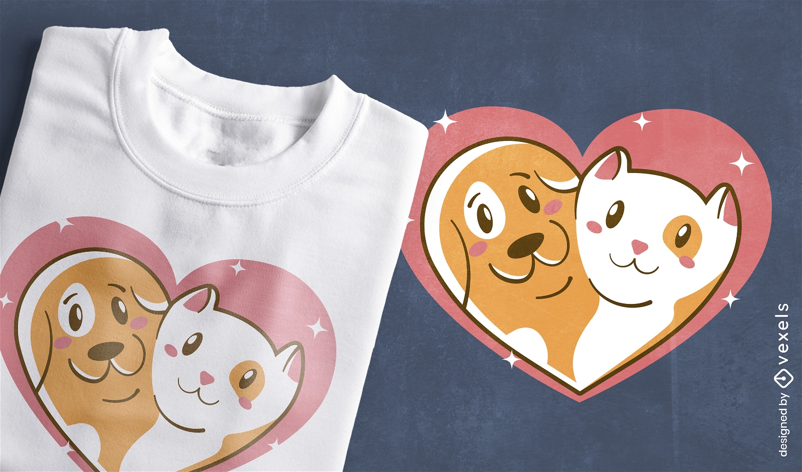 Design de camiseta de desenho animado de coração de gato e cachorro