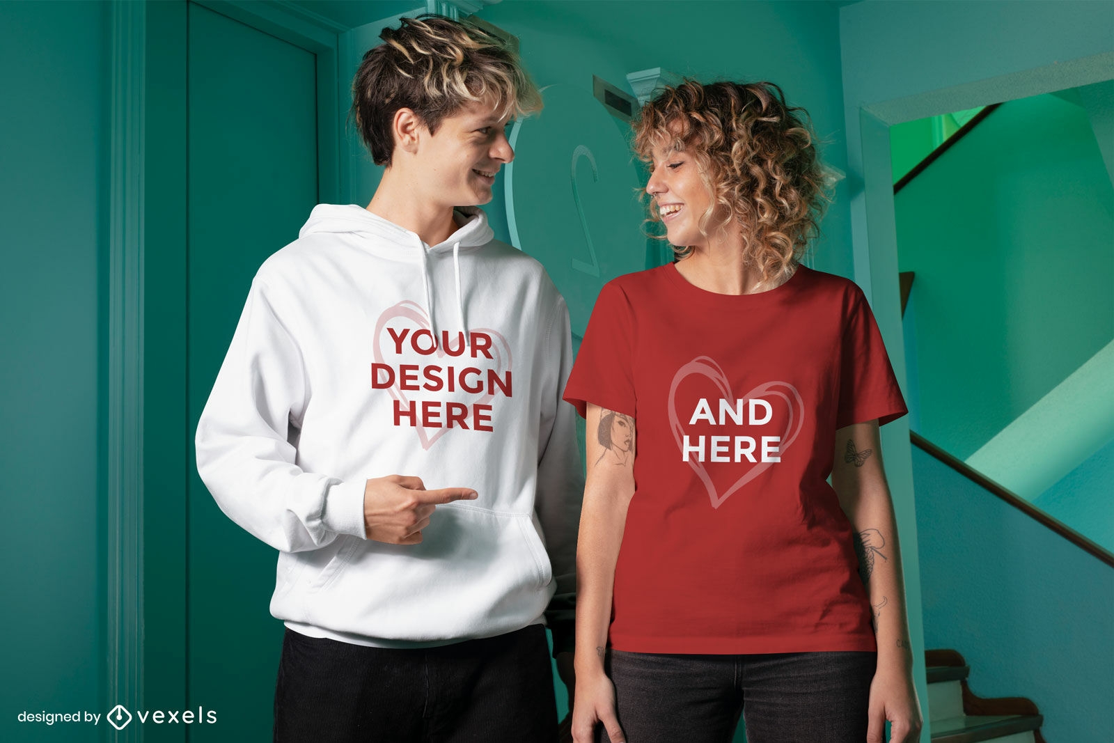 Couple hoodie and t-shirt mockup design