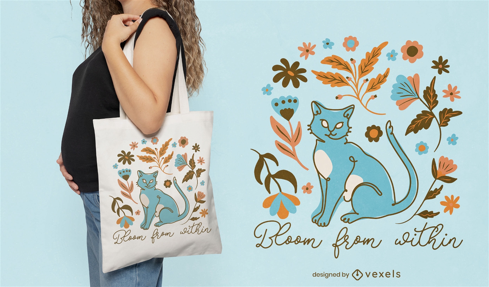 Diseño de bolso tote de gato y flores.