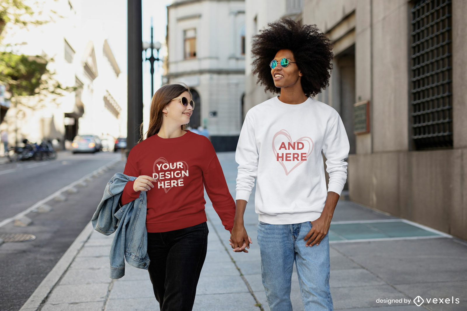 Casal andando na maquete de moletom de rua