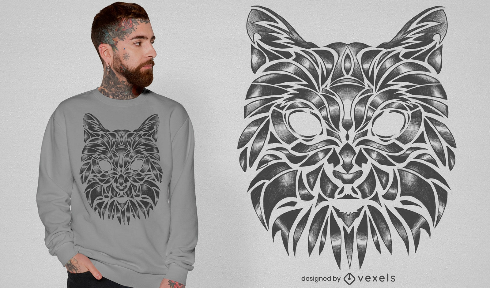 Camiseta con cara de animal gato dibujado a mano psd