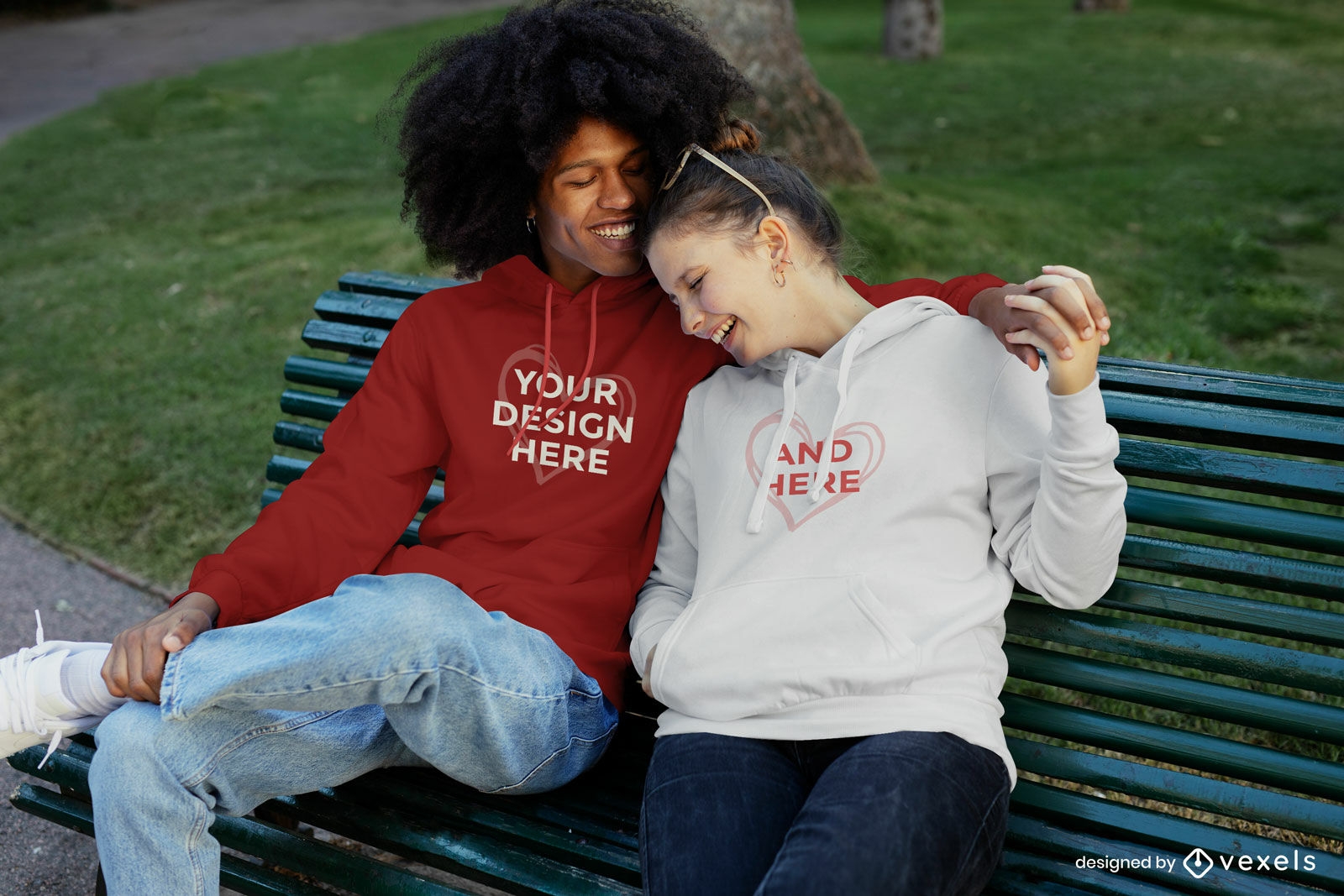 Woman and man laughing in park bench hoodie mockup