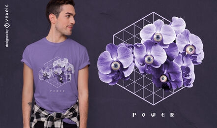 Diseño de camiseta psd de flores moradas con ojos.