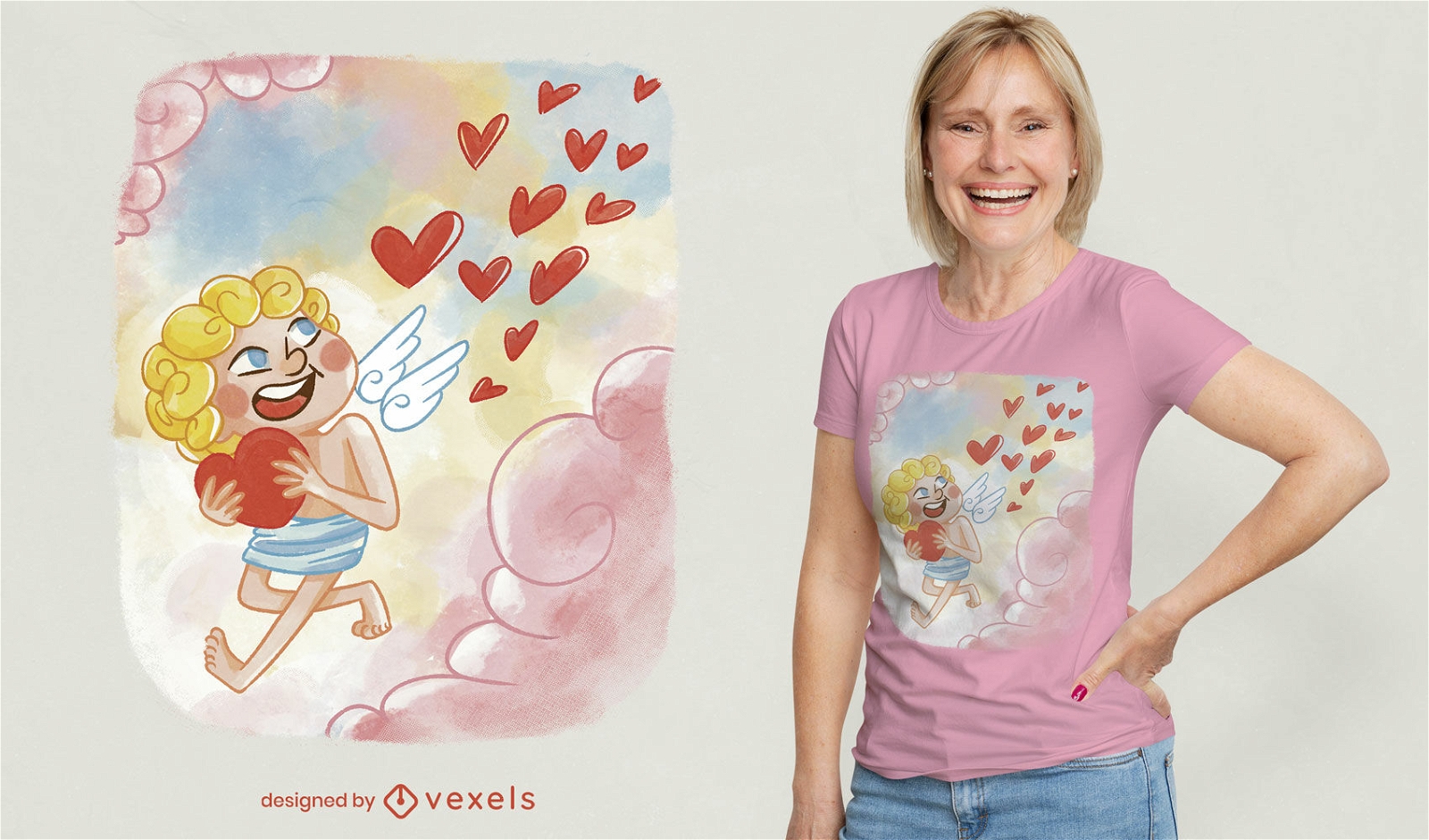 Cupido segurando uma camiseta do dia dos namorados com coração psd