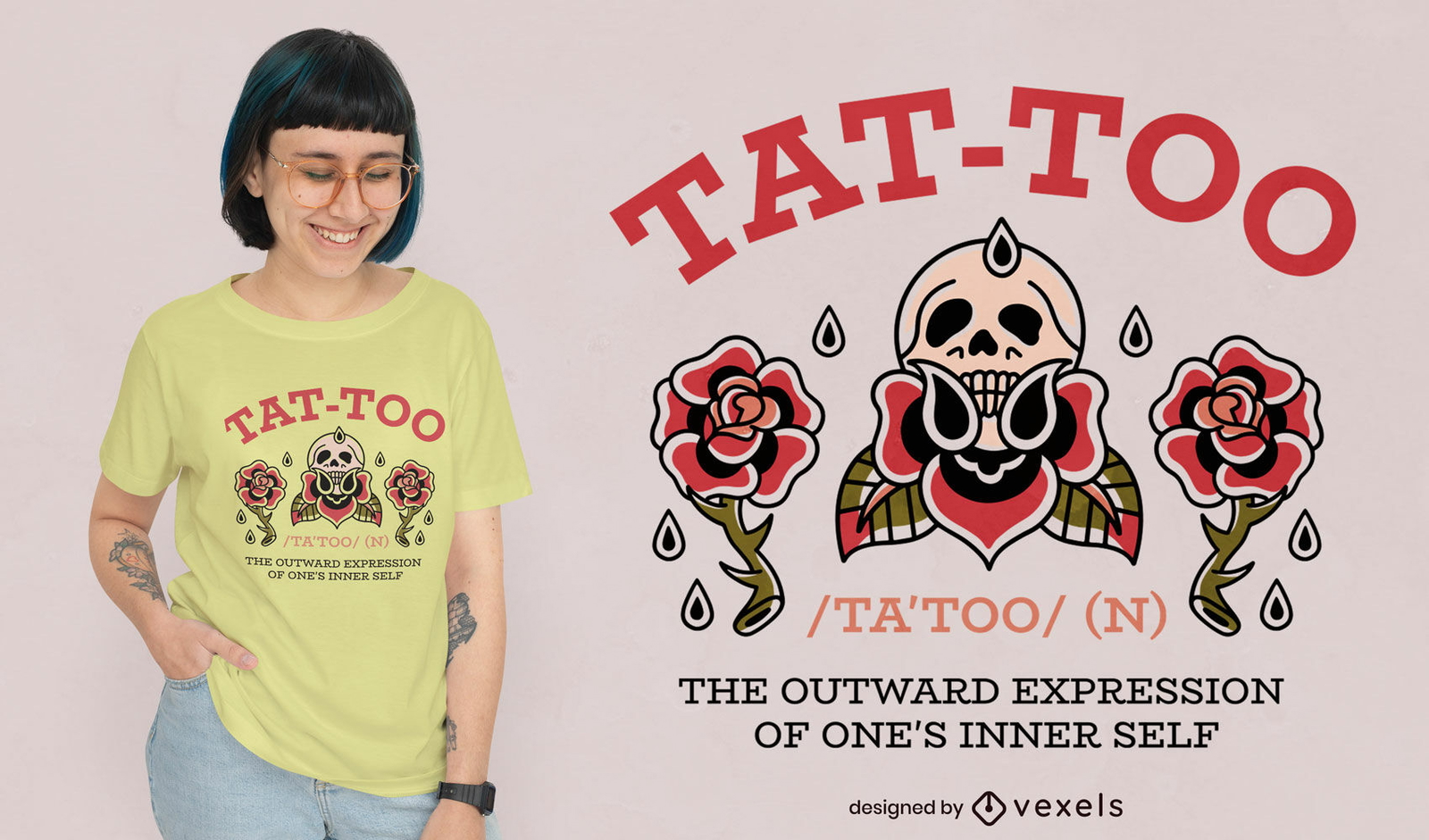 Diseño de camiseta de tatuaje de calavera y flores rosas.