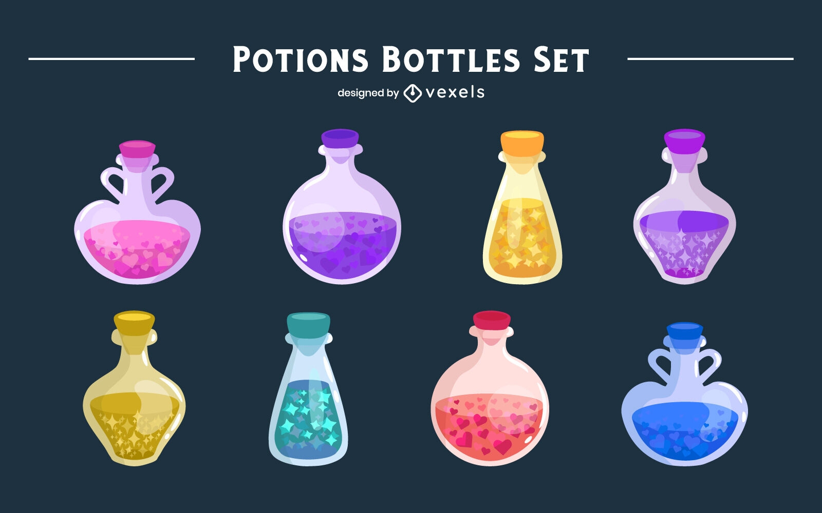 Witch magic potions bottles colorful set