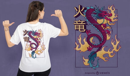 Diseño de camiseta dragón chino con llamas