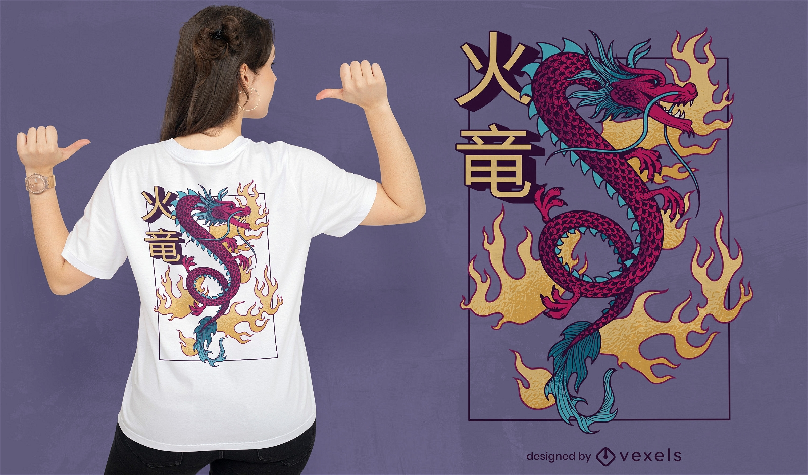 Dragão chinês com design de t-shirt de chamas