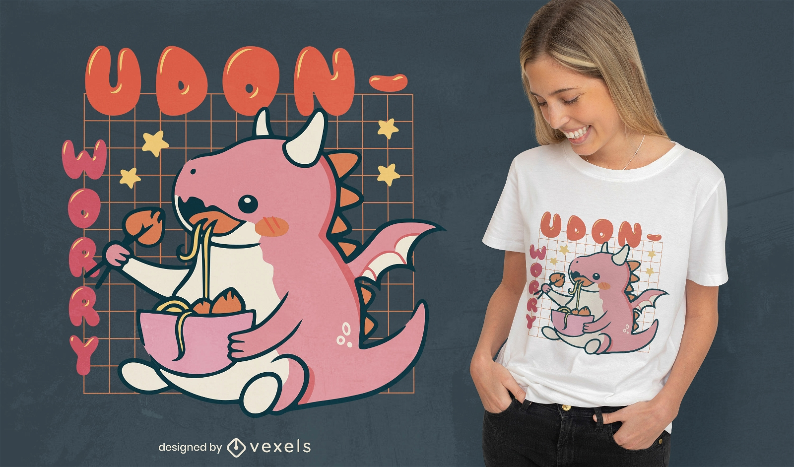 Design de camiseta de ramen de bebê dragão comendo