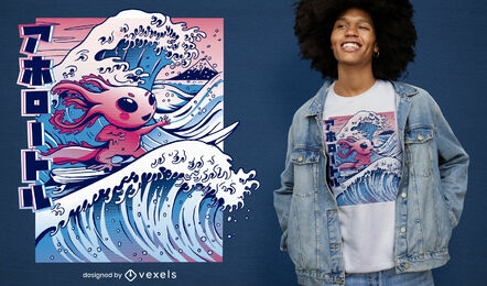 Diseño de camiseta Vaporwave Surfing Axolotl