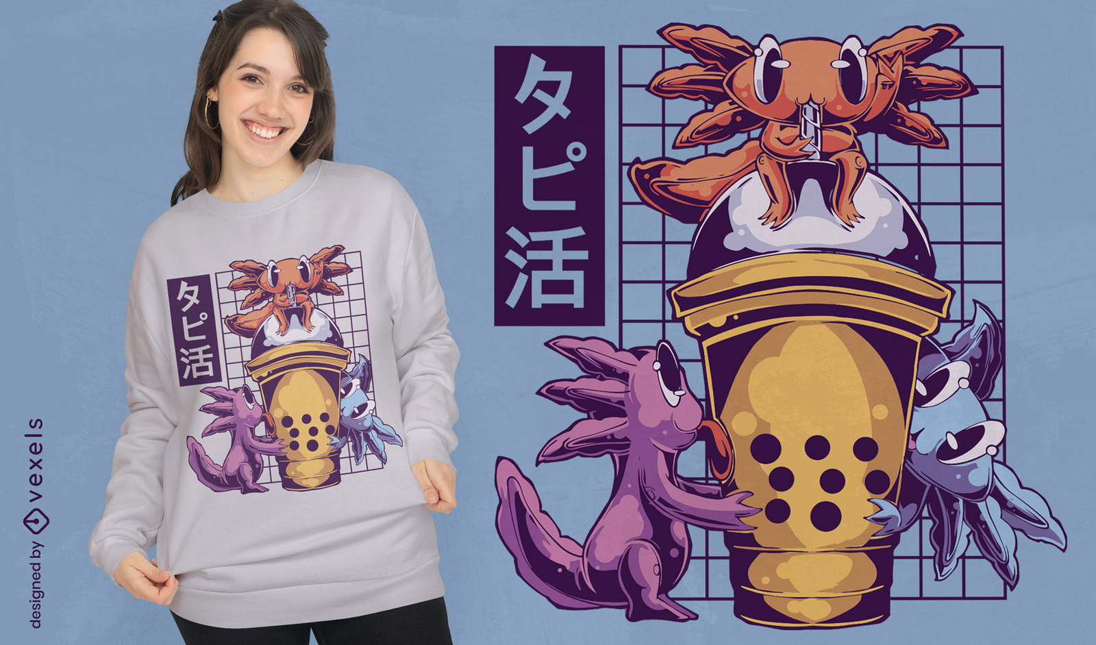 Design de camiseta de chá de bolhas e axolotls