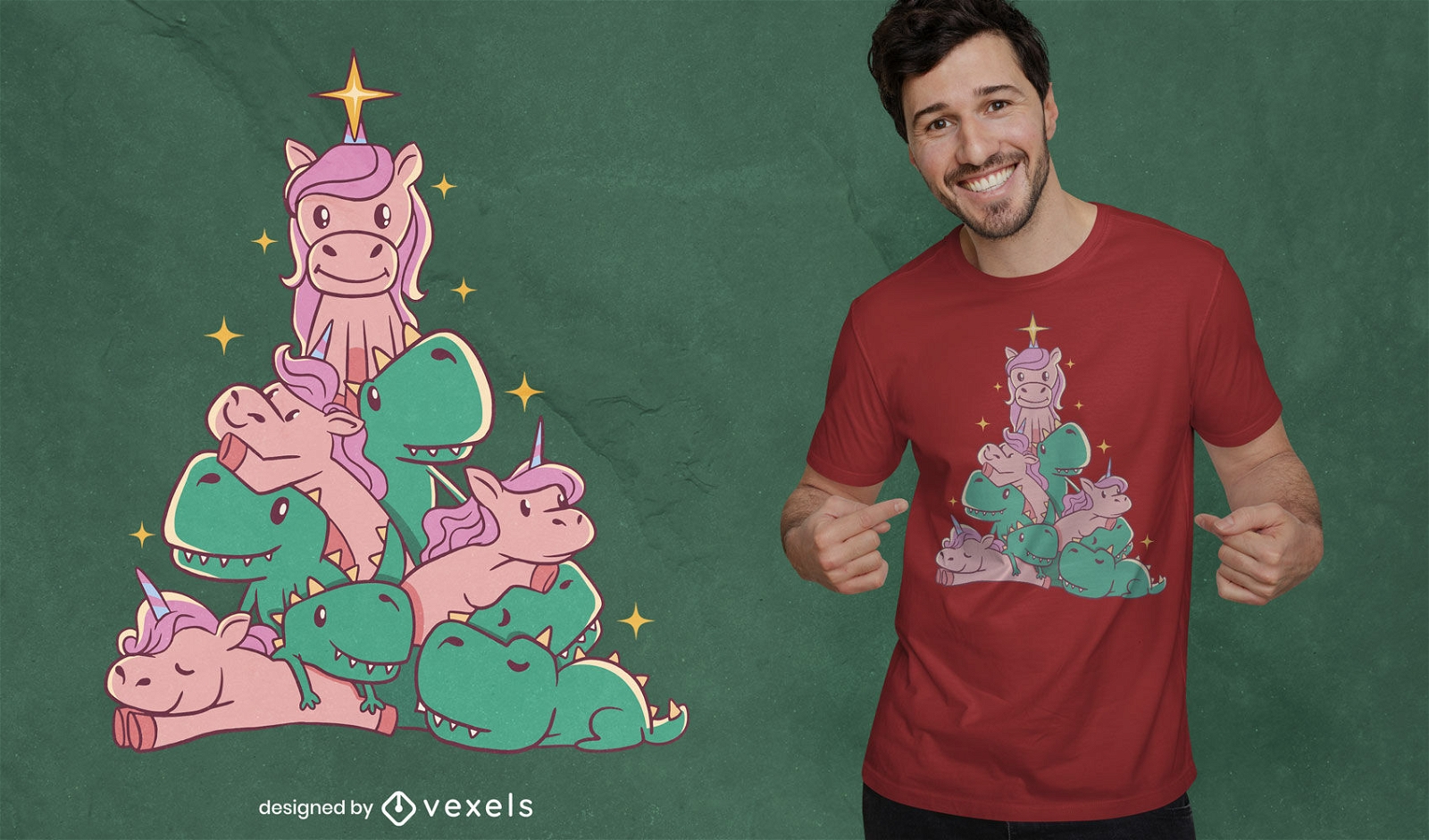 Design de camisetas da árvore de Natal de Unicórnios e T-rex