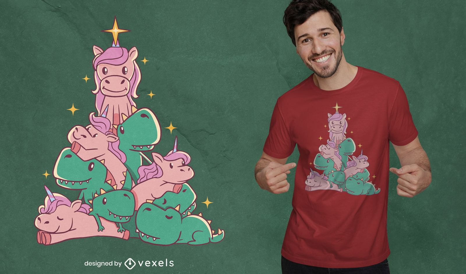 Unicorns and T-rex Christmas Tree T-shirt Design