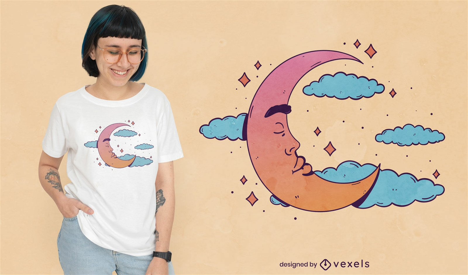 Diseño de camiseta de luna dormida con nubes.