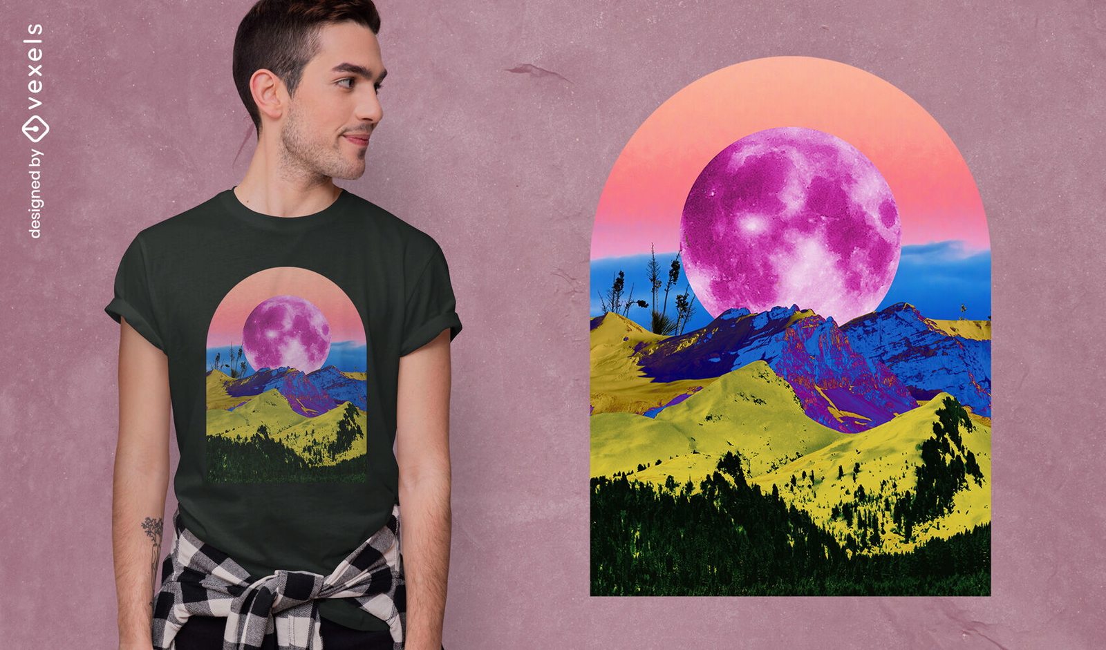 Diseño de camiseta rosa luna paisaje psd